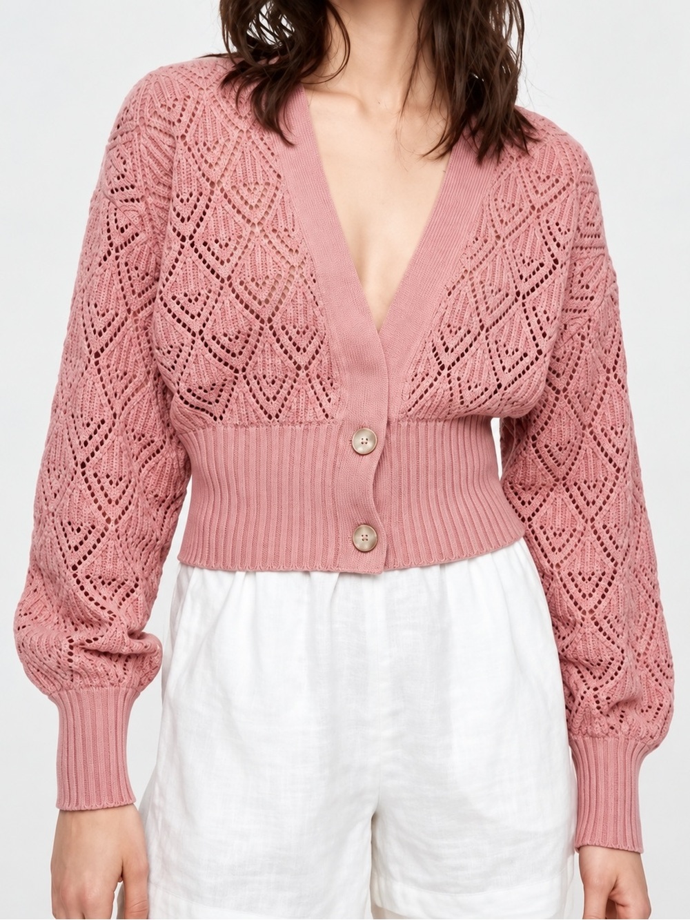 ARITZIA Wilfred Dusty Pink V-Neck Textured Knit Crop Cardigan Quiet Luxury XS